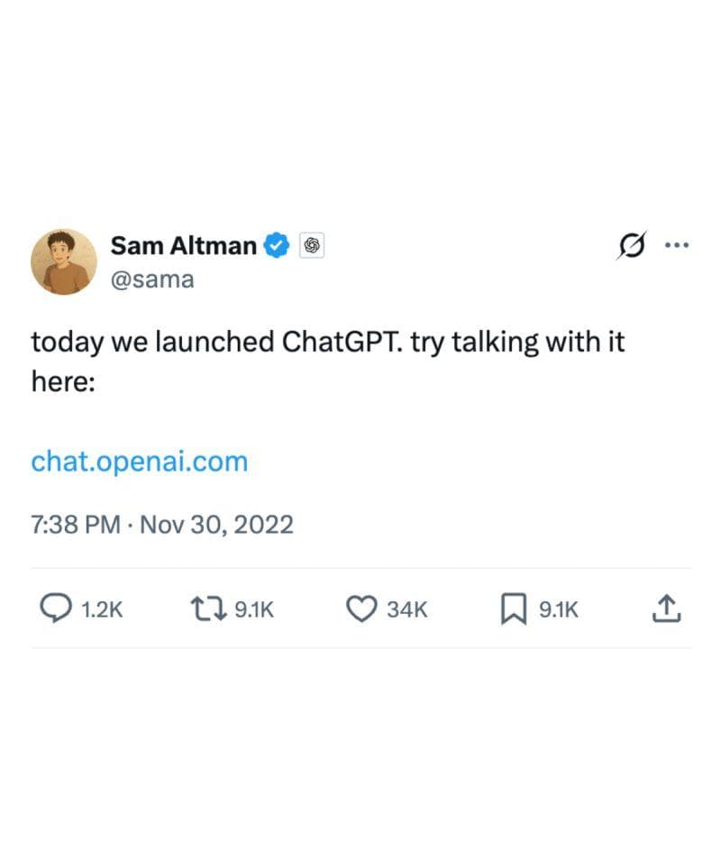 The original ChatGPT launch tweet by Sam Altman on November 30, 2022